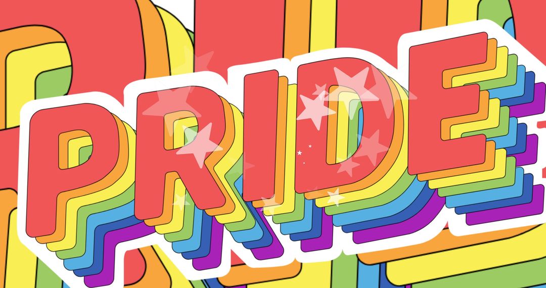 Colorful 3D Pride Text with Floating Stars Design