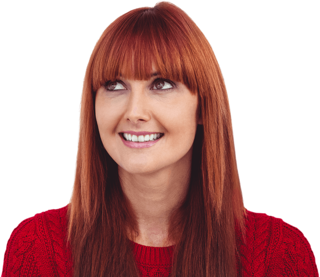 Smiling Redhead Woman Looking Up in Festive Sweater Transparent