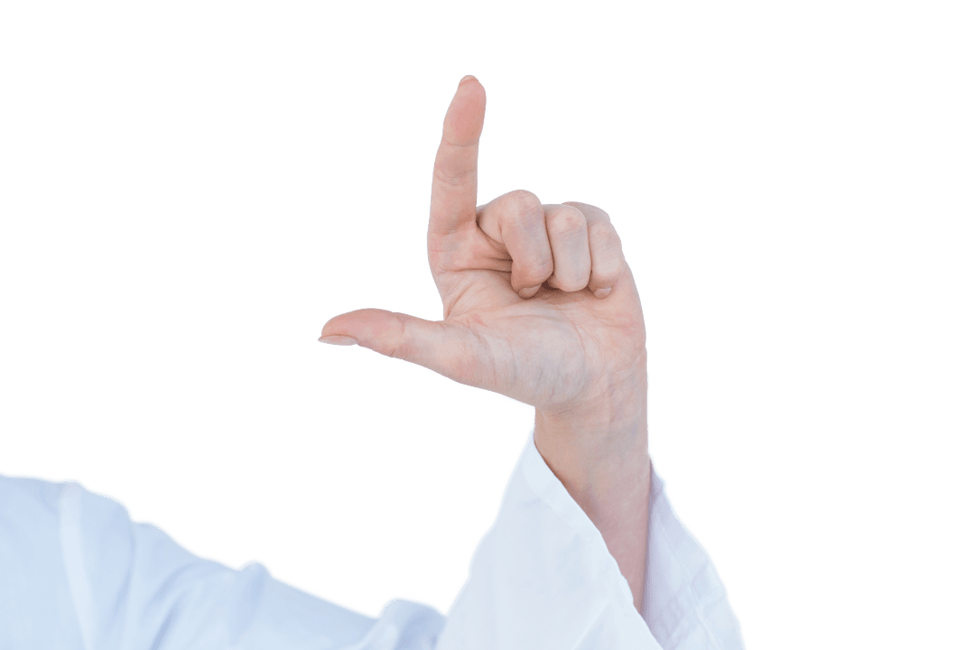 Medical Professional Gesturing with Pointing Finger on Transparent Background
