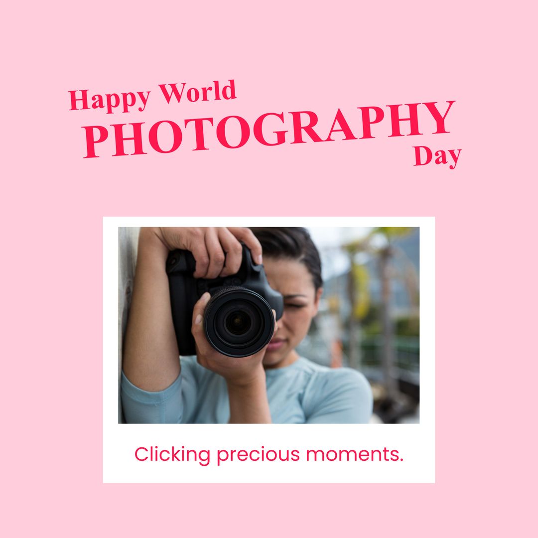 Happy World Photography Day Text with Woman Using Camera Outdoors - Download Free Stock Templates Pikwizard.com