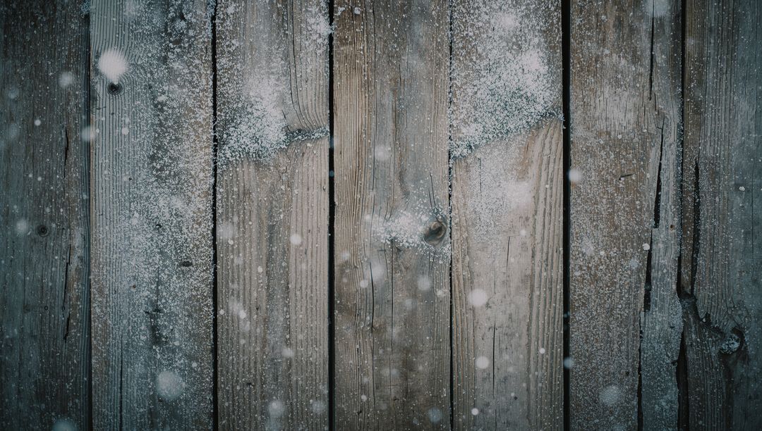 Weathered Wooden Planks Dusting with Snow and Falling Flakes Winter Texture Background