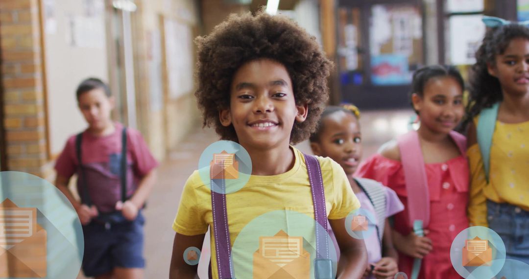 Joyful Schoolboy with Abstract Digital Messages