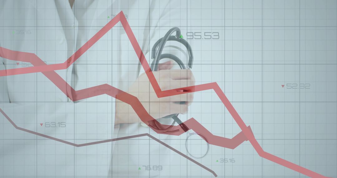 Female doctor holding stethoscope with declining health analytics overlay and charts