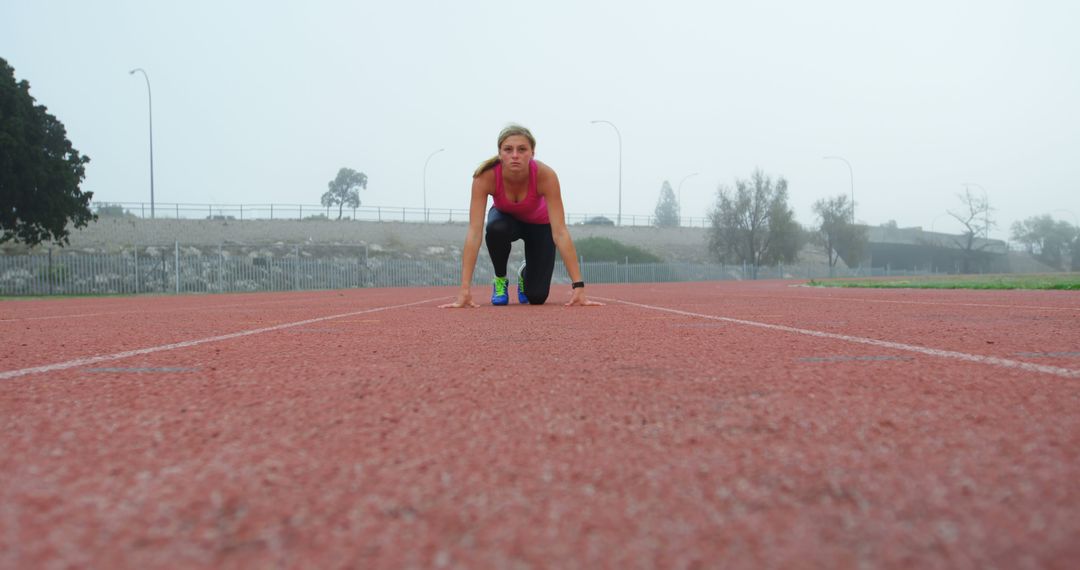 Female athlete preparing for a race on a foggy track - Free Images, Stock Photos and Pictures on Pikwizard.com