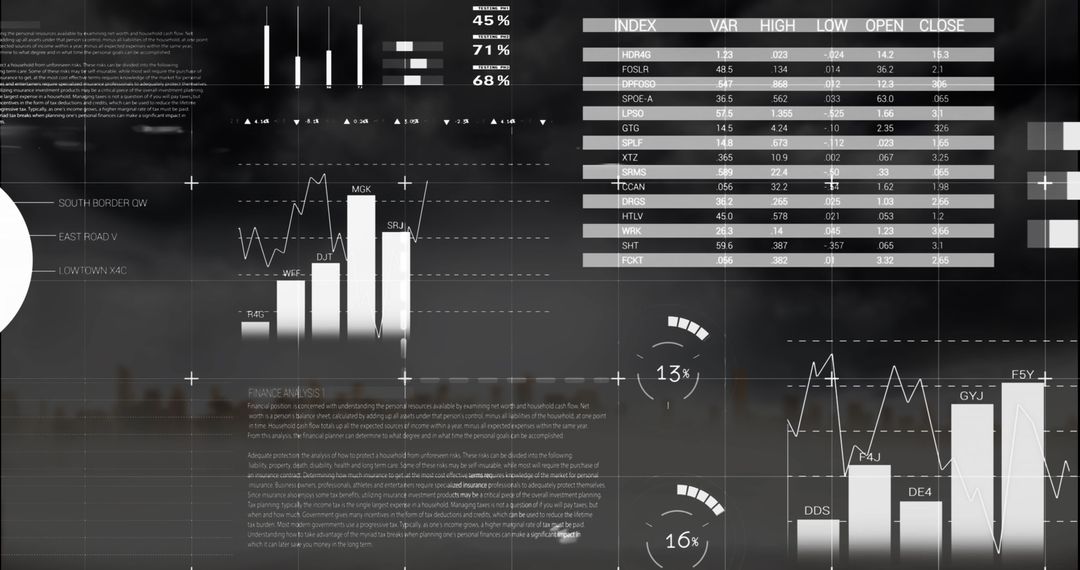 Futuristic Infographic Interface Over Foggy Cityscape