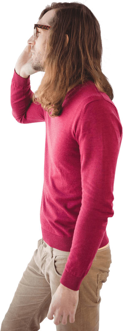 Transparent Hipster in Red Sweater Talking on Mobile Phone
