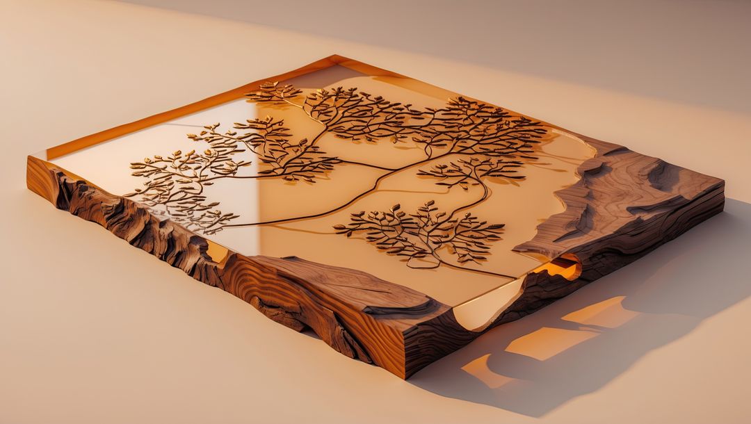 Artistic sandalwood tray with resin tree branch design on bold table