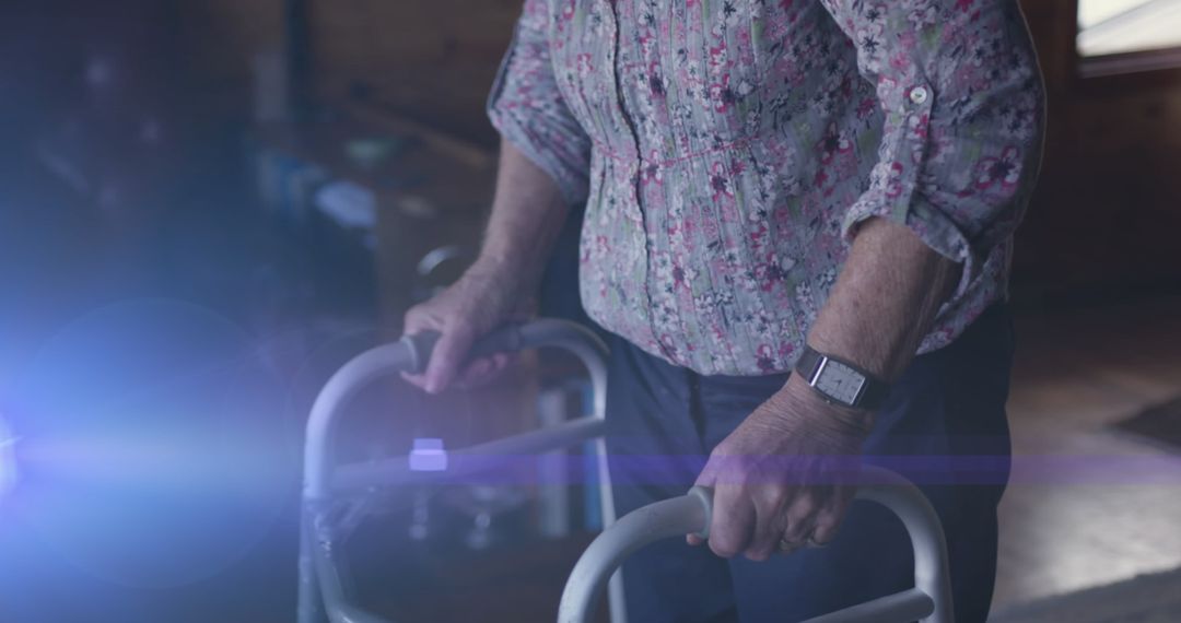 Senior Woman Using Walker with Bright Light Effect in Cozy Home