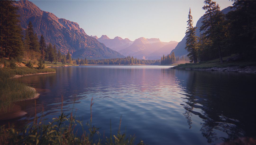 Tranquil Alpine Lake at Dawn with Mountain Valleys