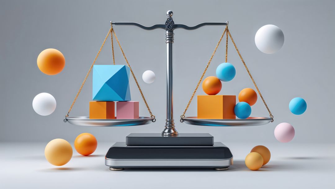 Abstract Balance Scale with Geometric Elements and Floating Spheres