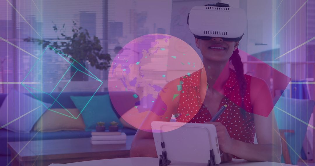 Businesswoman Engaging with VR and Holographic Interface for Global Networks