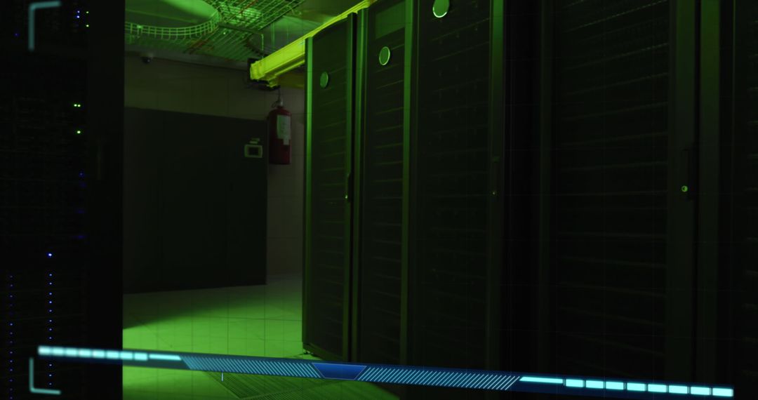 Data Center Interior with Digital Interface Overlay