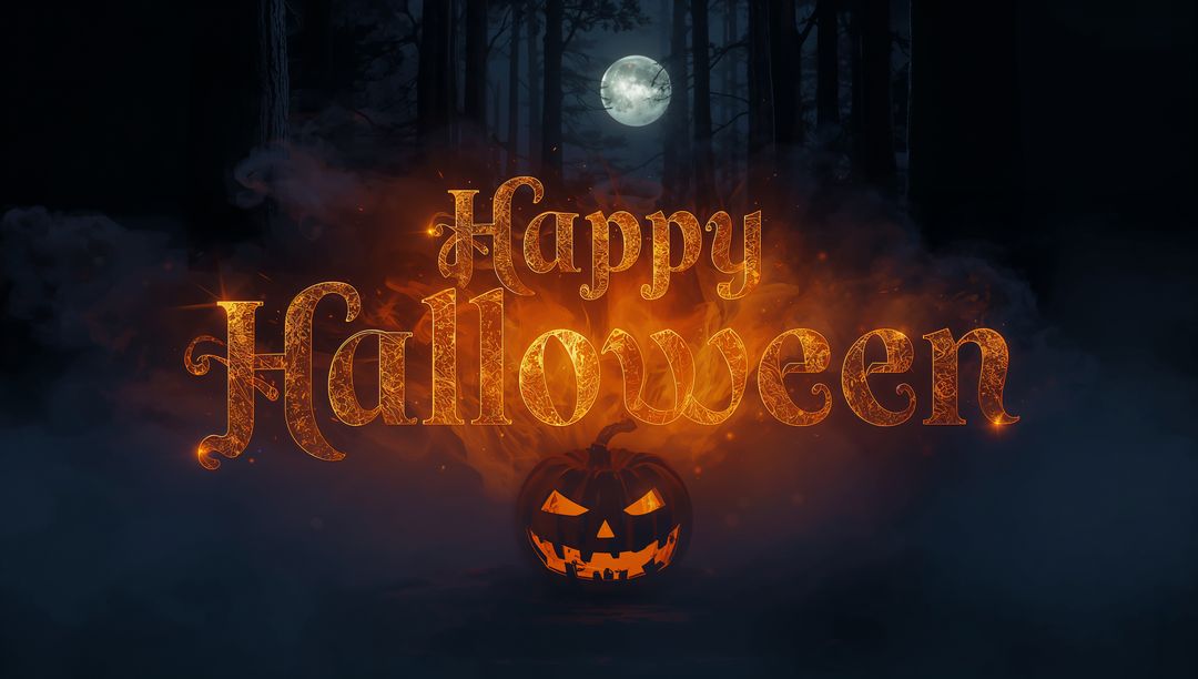 Mystical Halloween Scene with Glowing Text in Foggy Forest