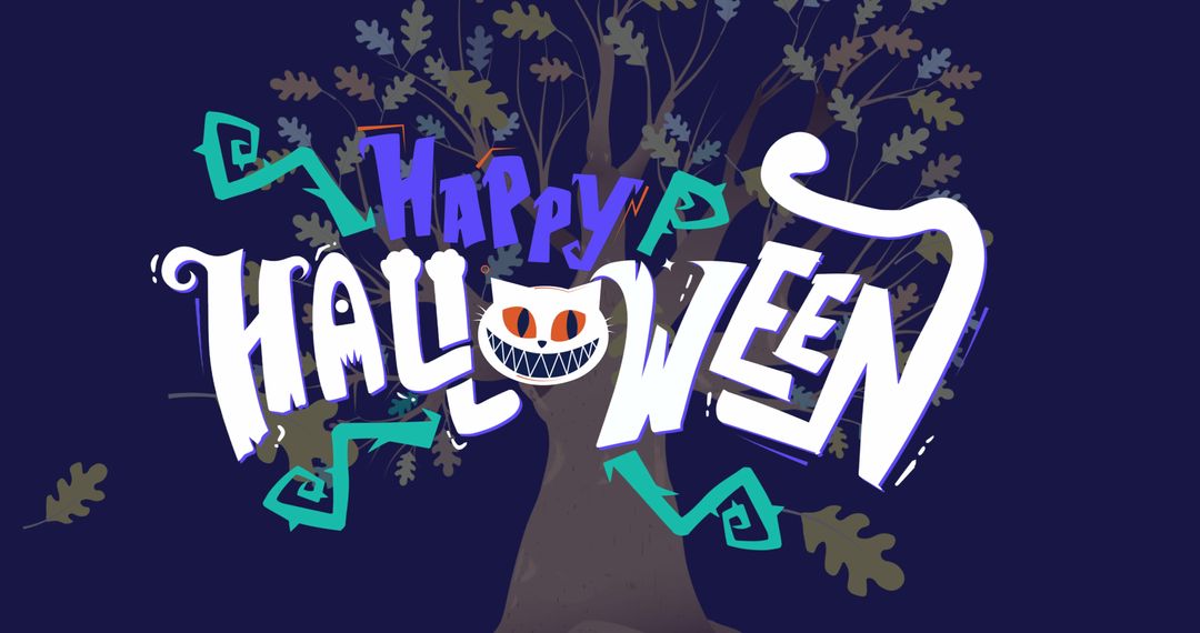 Halloween Greeting with Spooky Tree and Cat Head Design