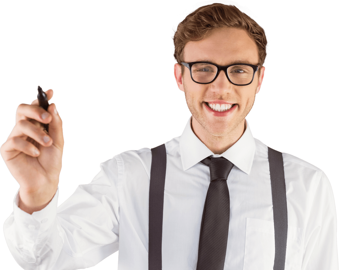 Transparent Background of Smiling Businessman Writing with Marker