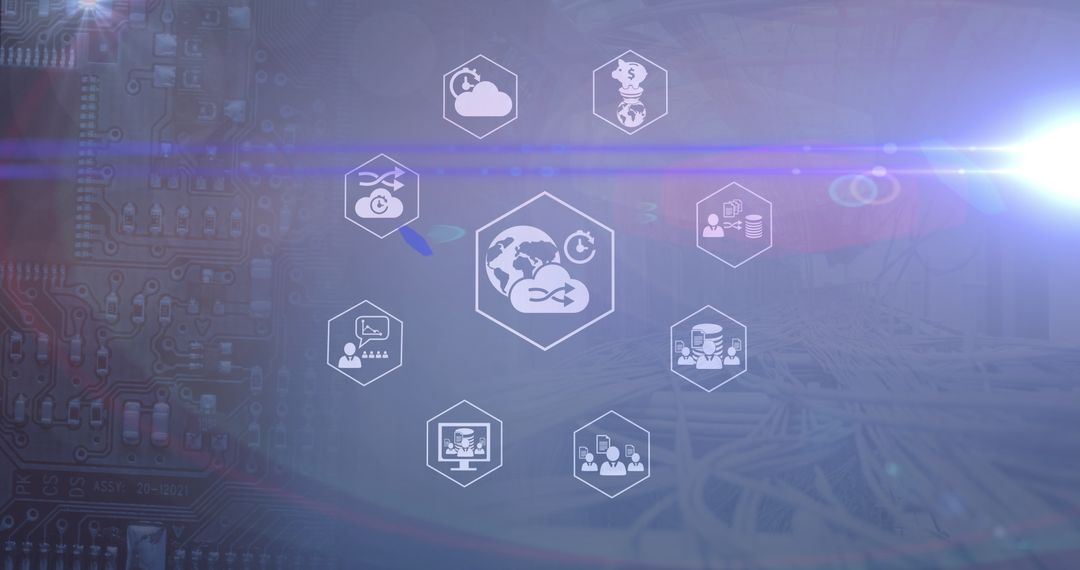 Digital Tech Icons on Navy Background Illustrating Global Connectivity