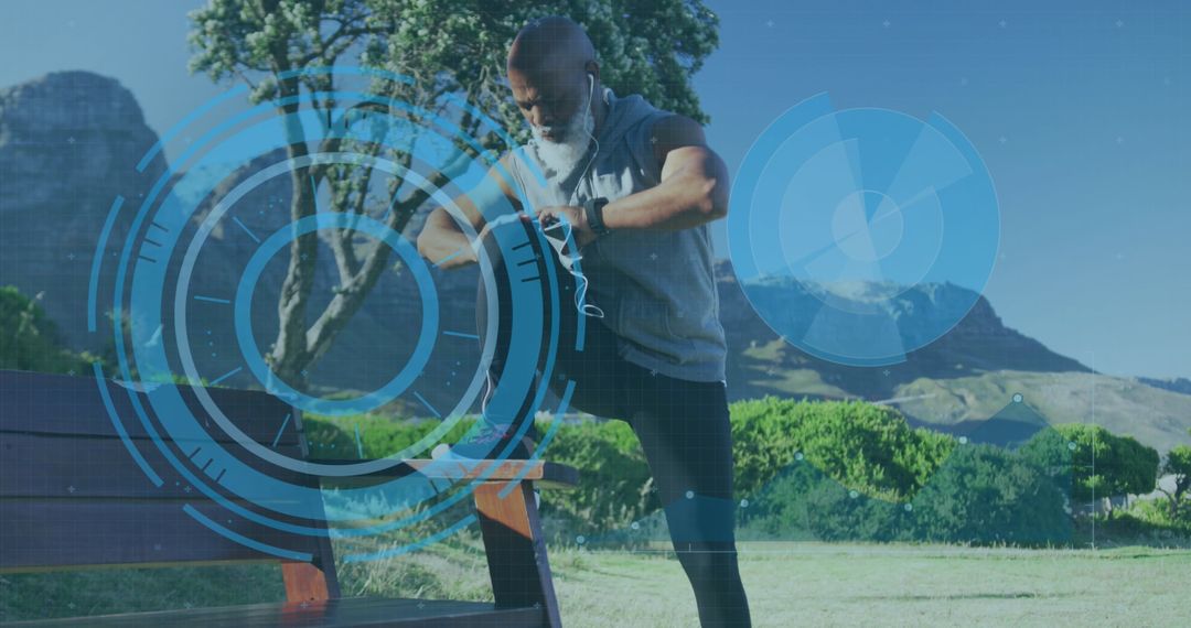 Senior Gentleman Exercising with Futuristic Digital Interface Overlay