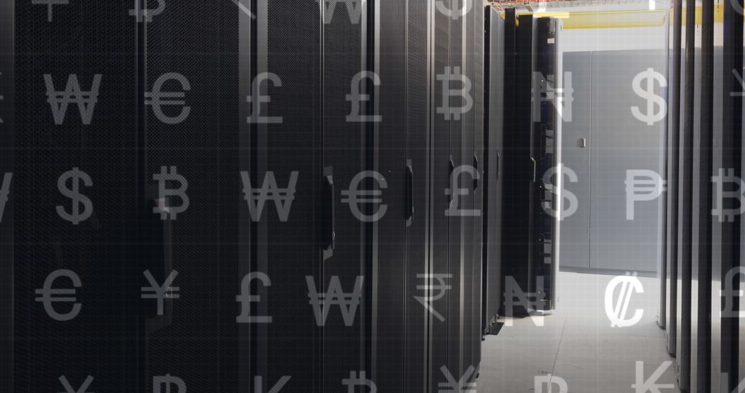 Global Currency Symbols Over Modern Server Infrastructure