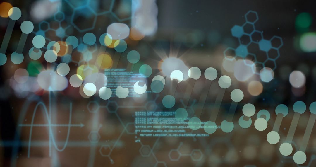 Futuristic DNA Helix Overlay on Urban Nightscape