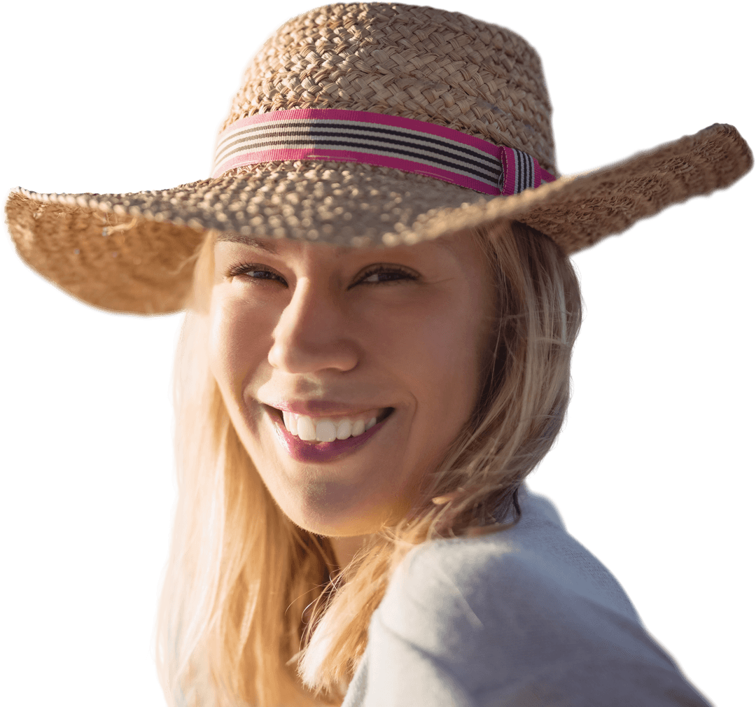 Smiling Woman in Sun Hat on Transparent Background