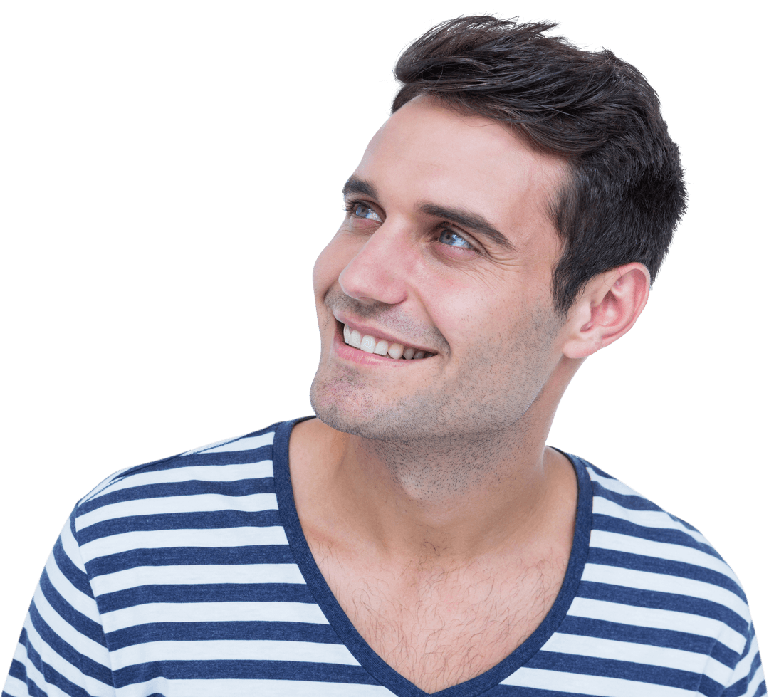 Man with Striped Shirt Gazing Smiling Off Camera on Transparent Background
