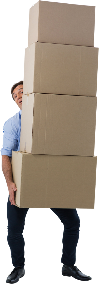 Male Executive Struggling with Balanced Cardboard Box Stack Transparent - Download Free Stock Images Pikwizard.com