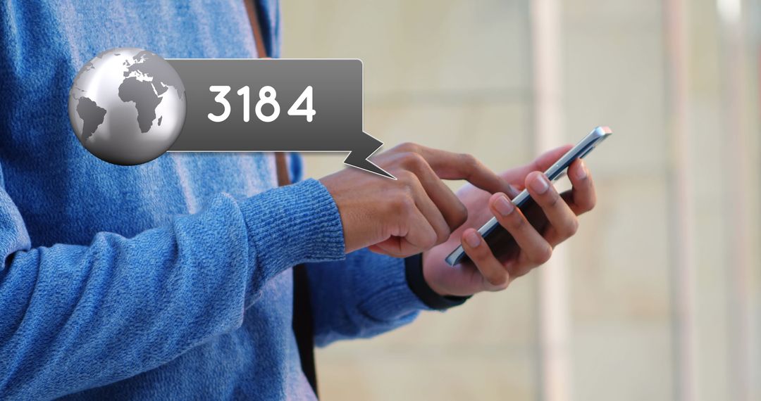Man browsing smartphone with interactive digital display