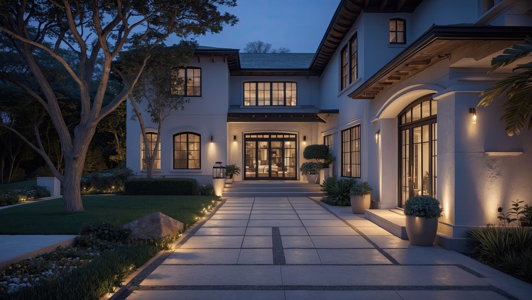 Modern Two-Story House Facade with Evening Ambiance and Lighting