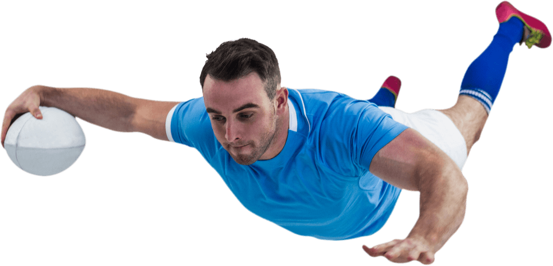 Rugby Player in Blue Jersey Scoring Try Transparent Background
