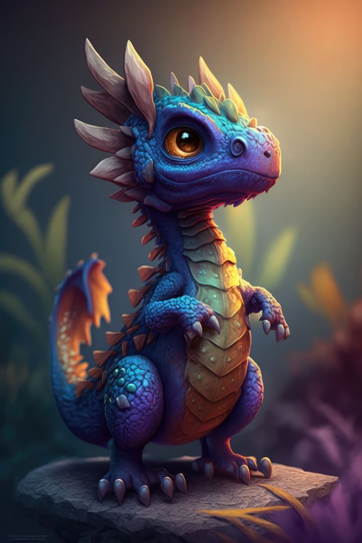 Image of cute blue dragon on rock with grass over purple background, using generative ai technology - Free Images, Stock Photos and Pictures on Pikwizard.com