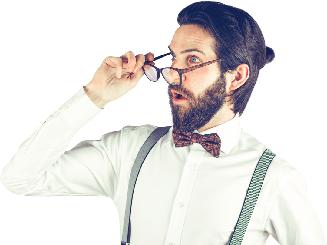 Surprised Man Holding Eyeglasses with Expression on Transparent Background