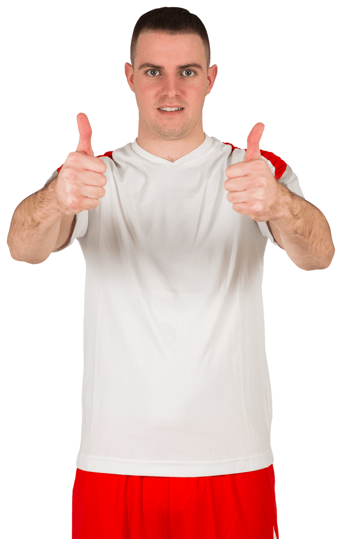 Confident Soccer Player Showing Double Thumbs Up on Transparent Background