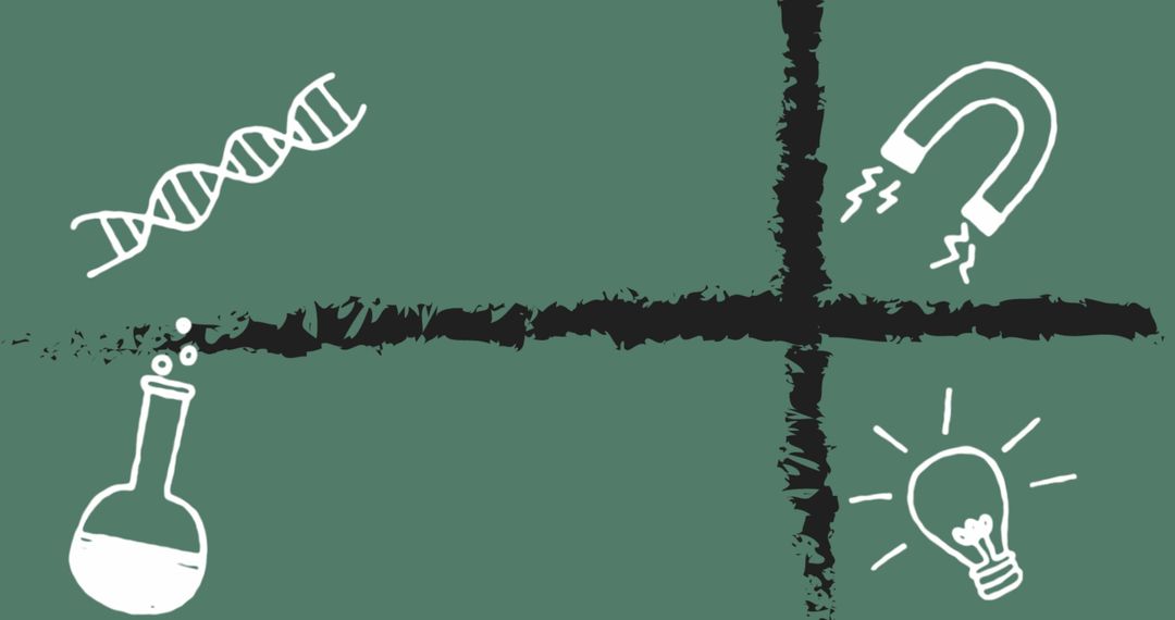 Science Symbols with DNA Strand and Light Bulb on Green Background