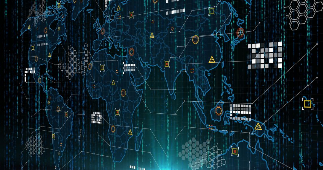 Futuristic World Map with Digital Analytics and Data Connectivity