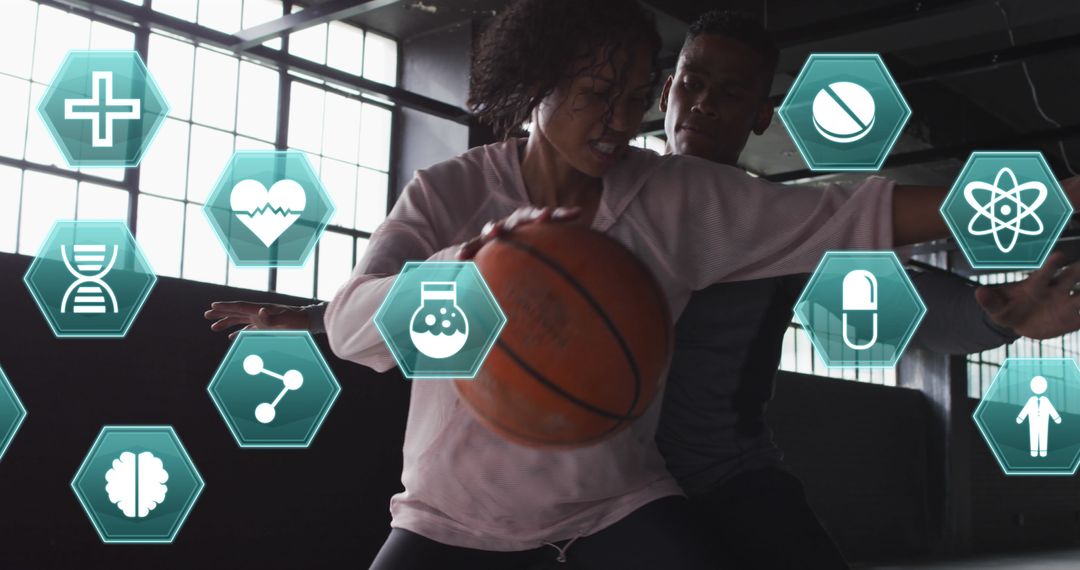 Virtual Healthcare Icons Overlaying Basketball Training - Free Images, Stock Photos and Pictures on Pikwizard.com