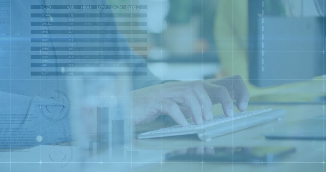 Hands Typing Keyboard Overlaying Financial Data Display