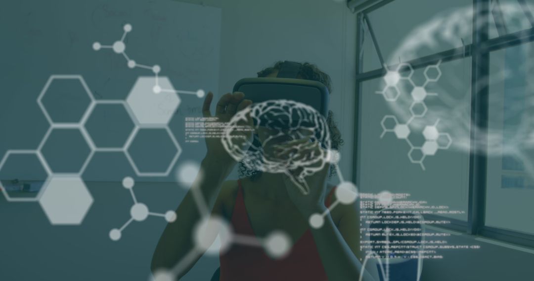 Woman Using VR Headset with Scientific Data Overlay
