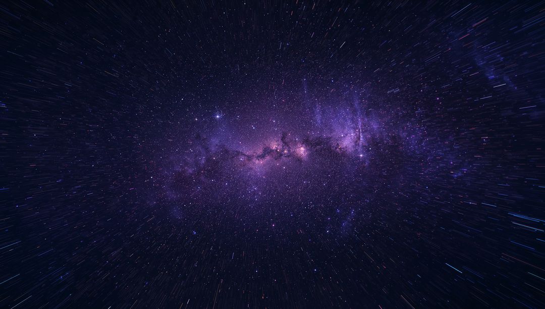 Milky Way Core Glowing with Violet Nebula, Dust Lanes and Radiating Star Trails Panorama