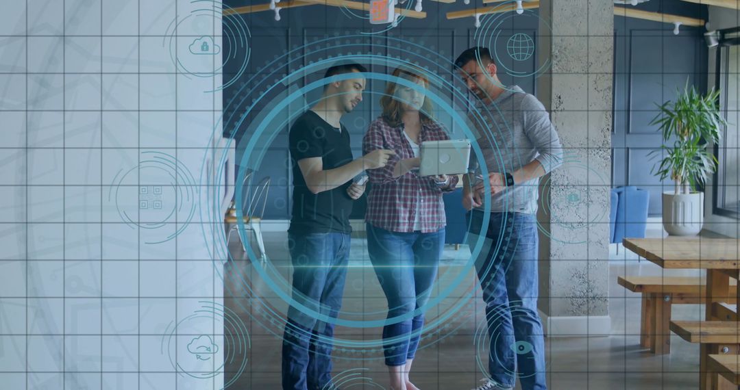 Office Team Collaborating with Digital Interface Holographic Overlay