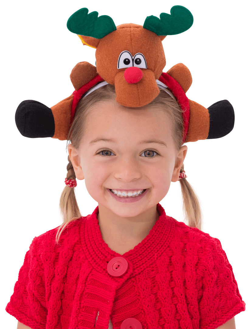 Smiling Girl Wearing Transparent Rudolph Headband Celebrating Holiday