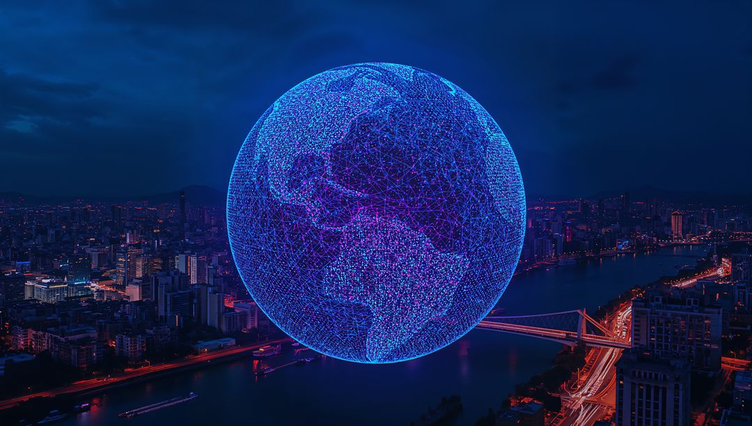 Holographic Wireframe Globe Hovering Over Night River City with Neon Light Trails and Bridge