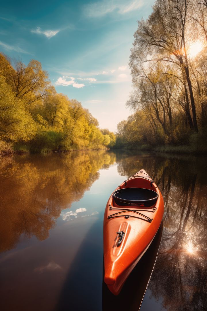 Solitary Kayak Floating on Serene River at Sunset - Free Images, Stock Photos and Pictures on Pikwizard.com