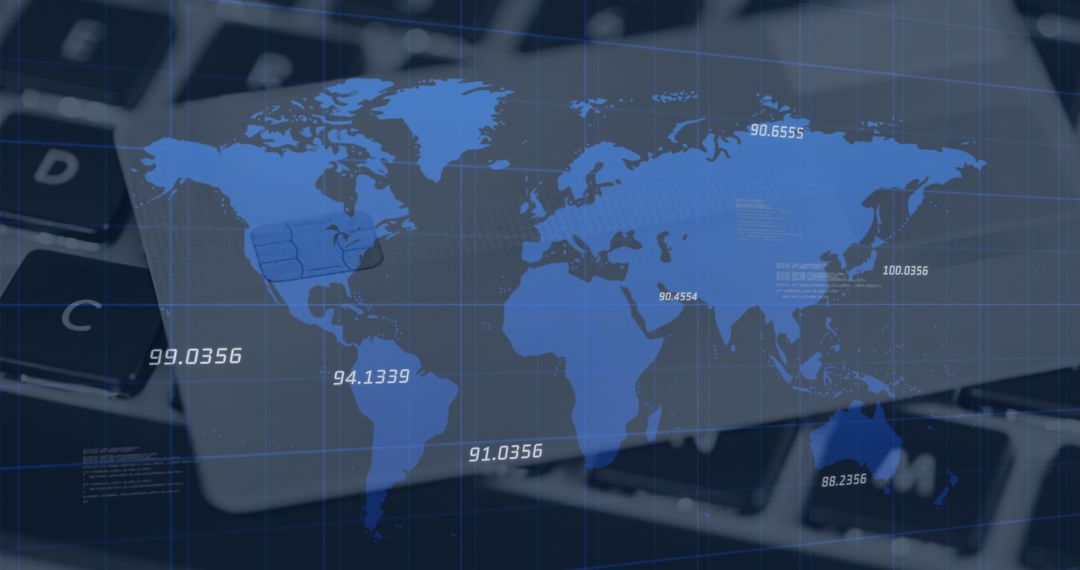World Map and Numeric Data Overlay on Laptop Keyboard