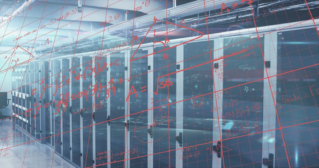 High-Tech Data Center with Math Calculations Overlay