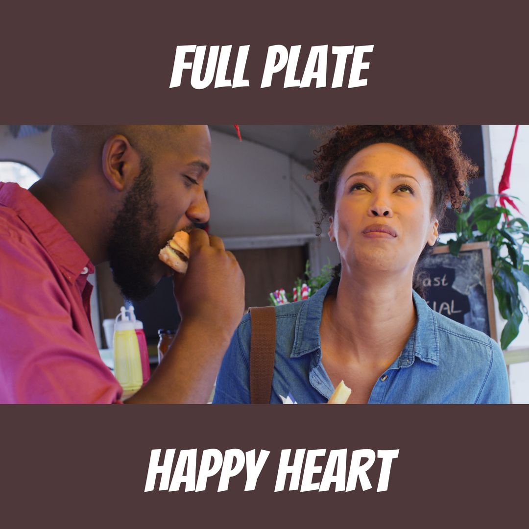 Couple Enjoying Street Food with Full Plate Happy Heart Text Overlay