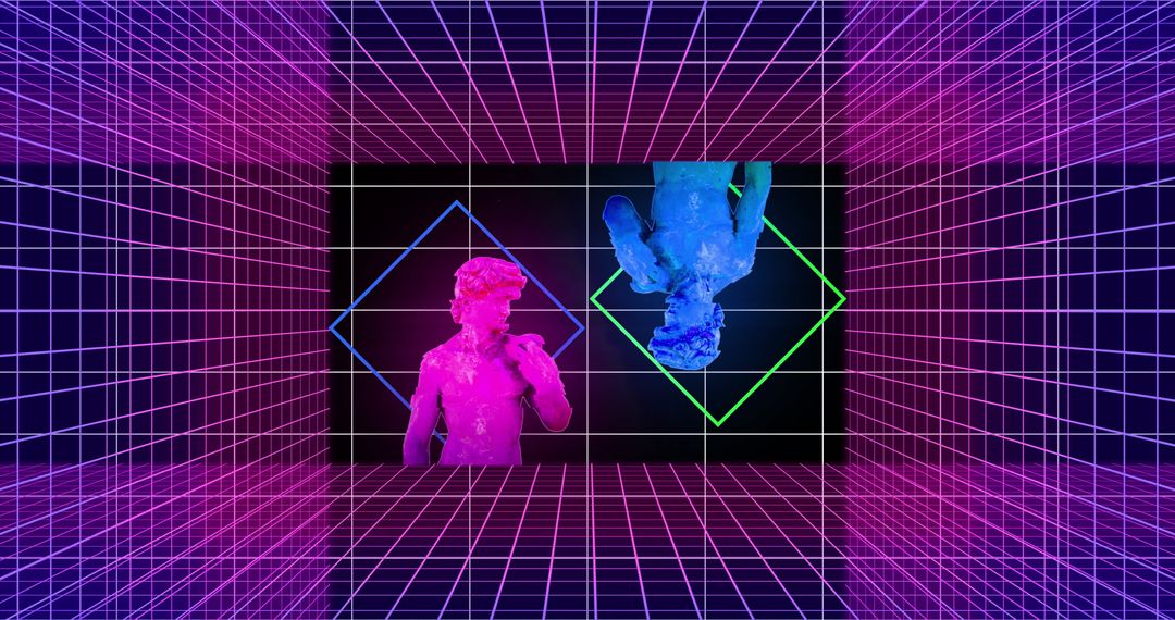 Classical Art Meets Digital Technology and Neon Grid Space