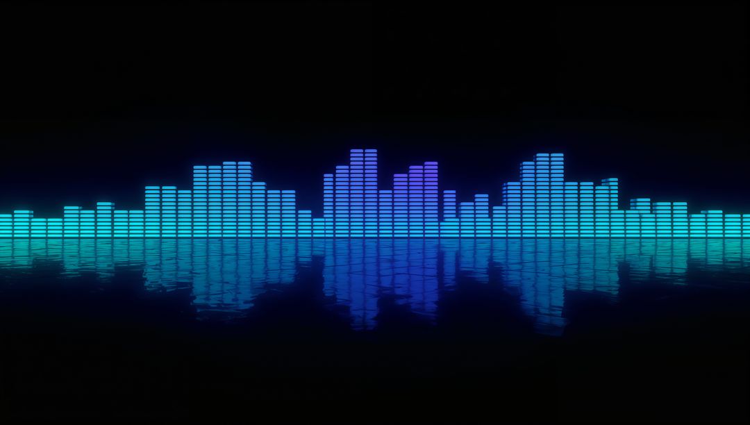 Glowing Audio Equalizer Bars in Reflective Digital Landscape