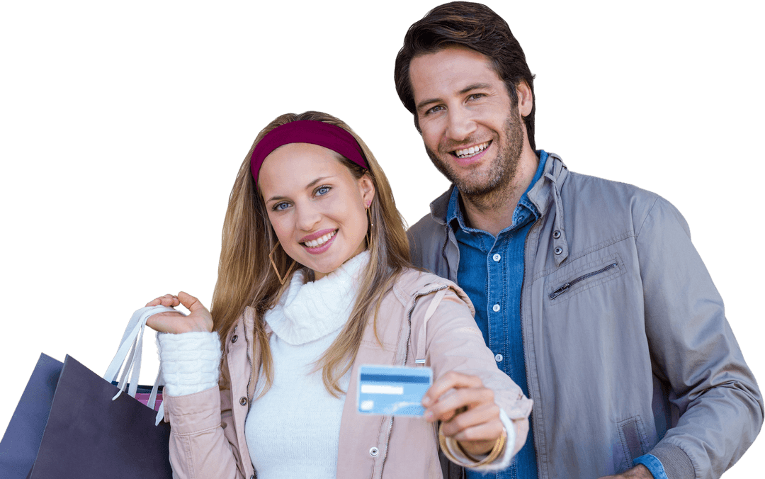 Joyful Couple with Shopping Bags Showing Credit Card Transparent