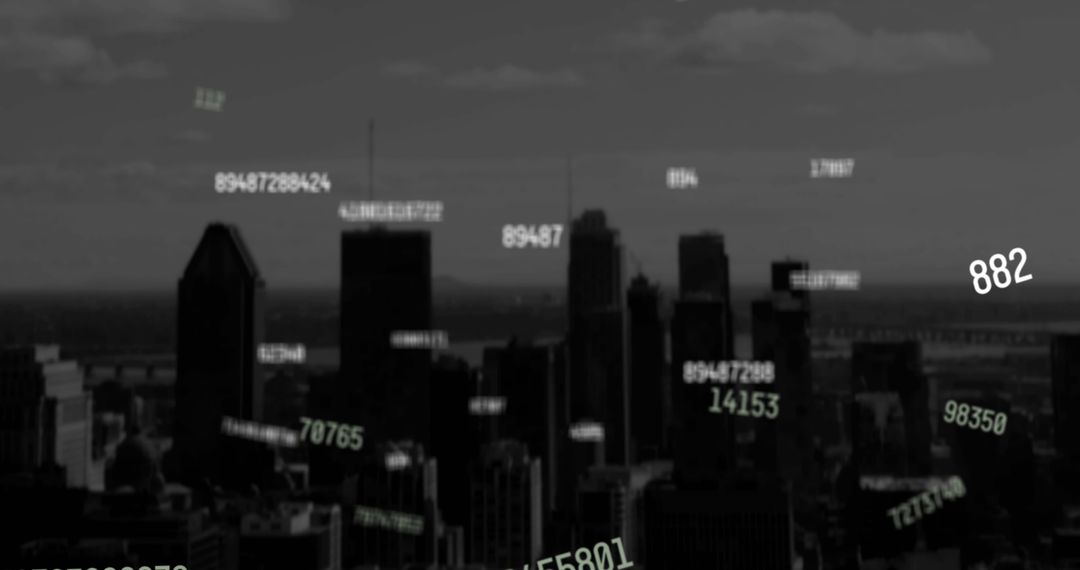 Digital Numbers Falling Over Cityscape at Dusk