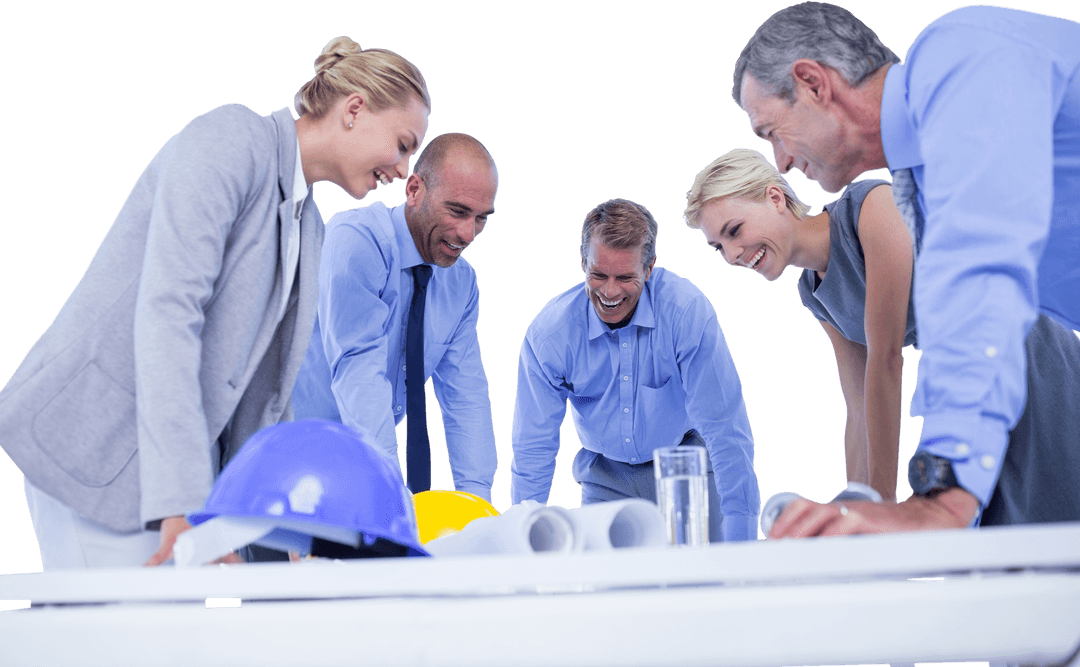 Business Professionals Discussing Transparent Building Plans in Office